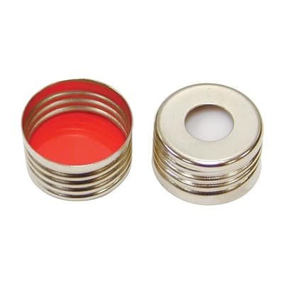 Chromatography Research Supplies 18 mm Pre-Assm Silver Screw Cap w/Sil White/PTFE Red Septa(100/pk)